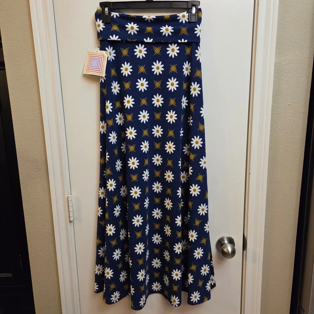 LuLaRoe Maxi Skirt XXS Navy Blue White Daisy Floral Geometric Fold Waist NWT